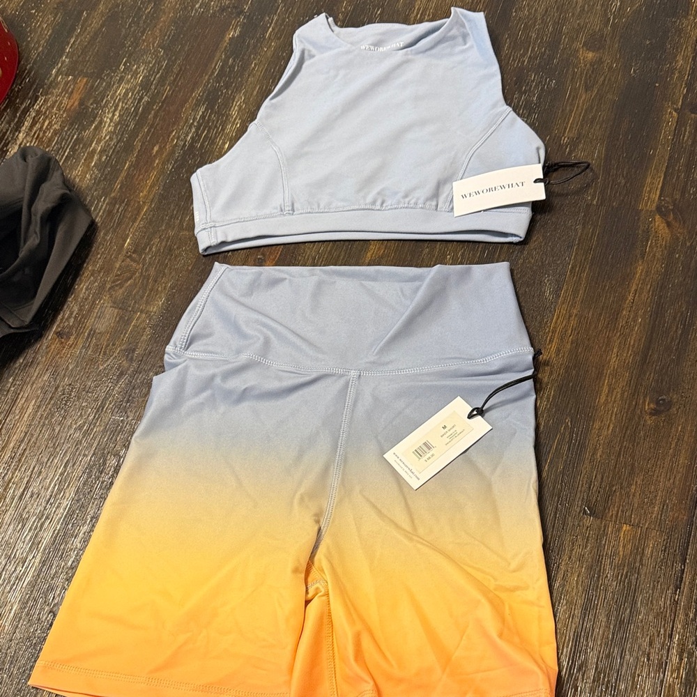 WeWoreWhat Blue and Orange Bike Shorts and matching bra